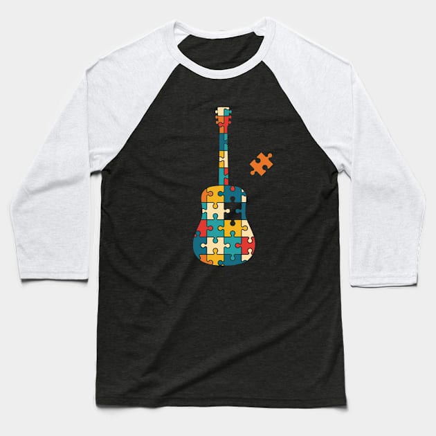 Retro Style Puzzle Acoustic Guitar Silhouette Baseball T-Shirt by nightsworthy